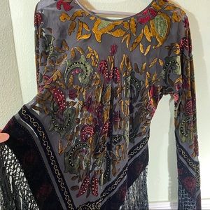 JNJIAO Boho Velvet Burnout Fringed Top Small